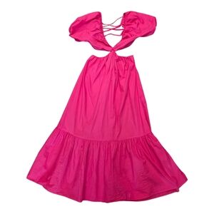Zara Medium Poplin Cut-Out Puff-Sleeve Midi Dress Fuchsia Nwt